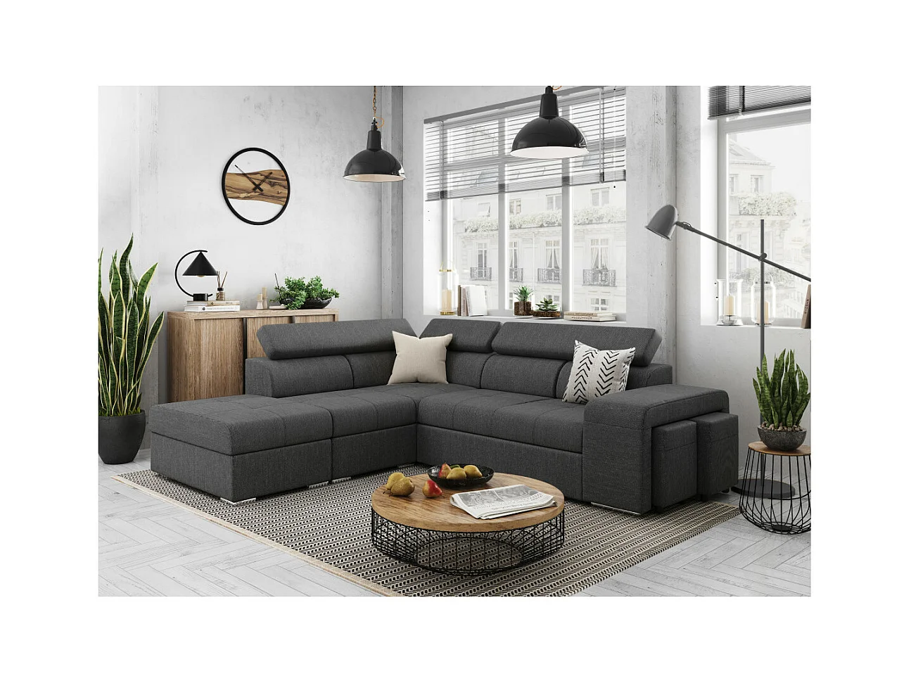 Canapé d'angle gauche 3 places Soan convertible en tissu - Gris anthracite - L262 x P220 x H76cm - Loungitude