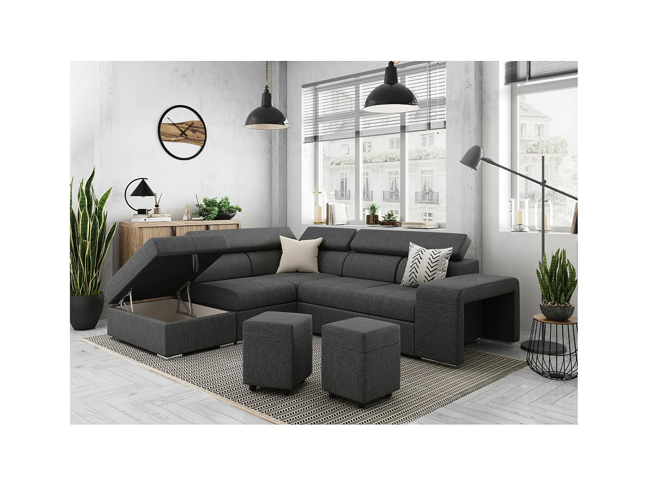 Canapé d'angle gauche 3 places Soan convertible en tissu - Gris anthracite - L262 x P220 x H76cm - Loungitude
