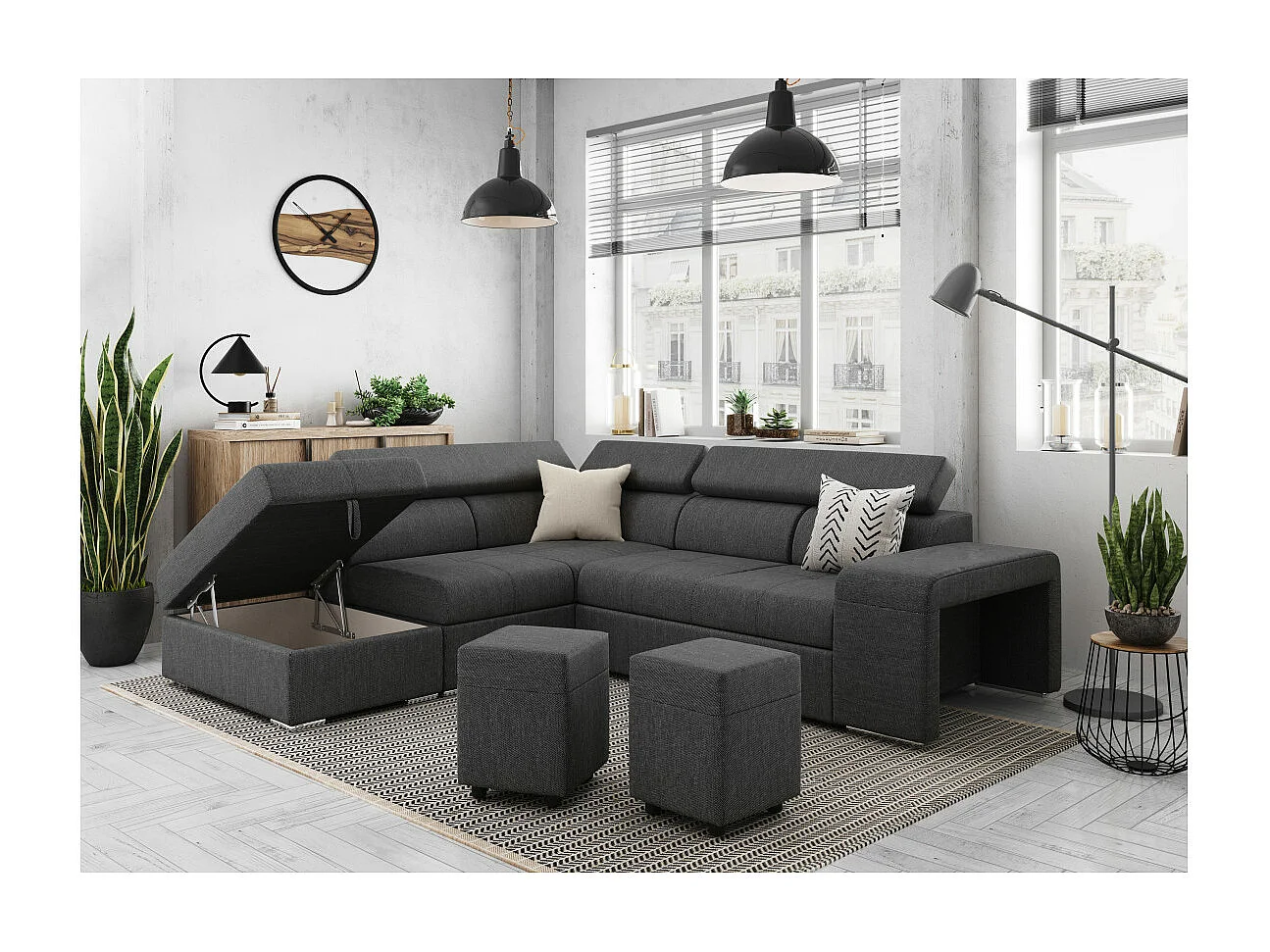 Canapé d'angle gauche 3 places Soan convertible en tissu - Gris anthracite - L262 x P220 x H76cm - Loungitude