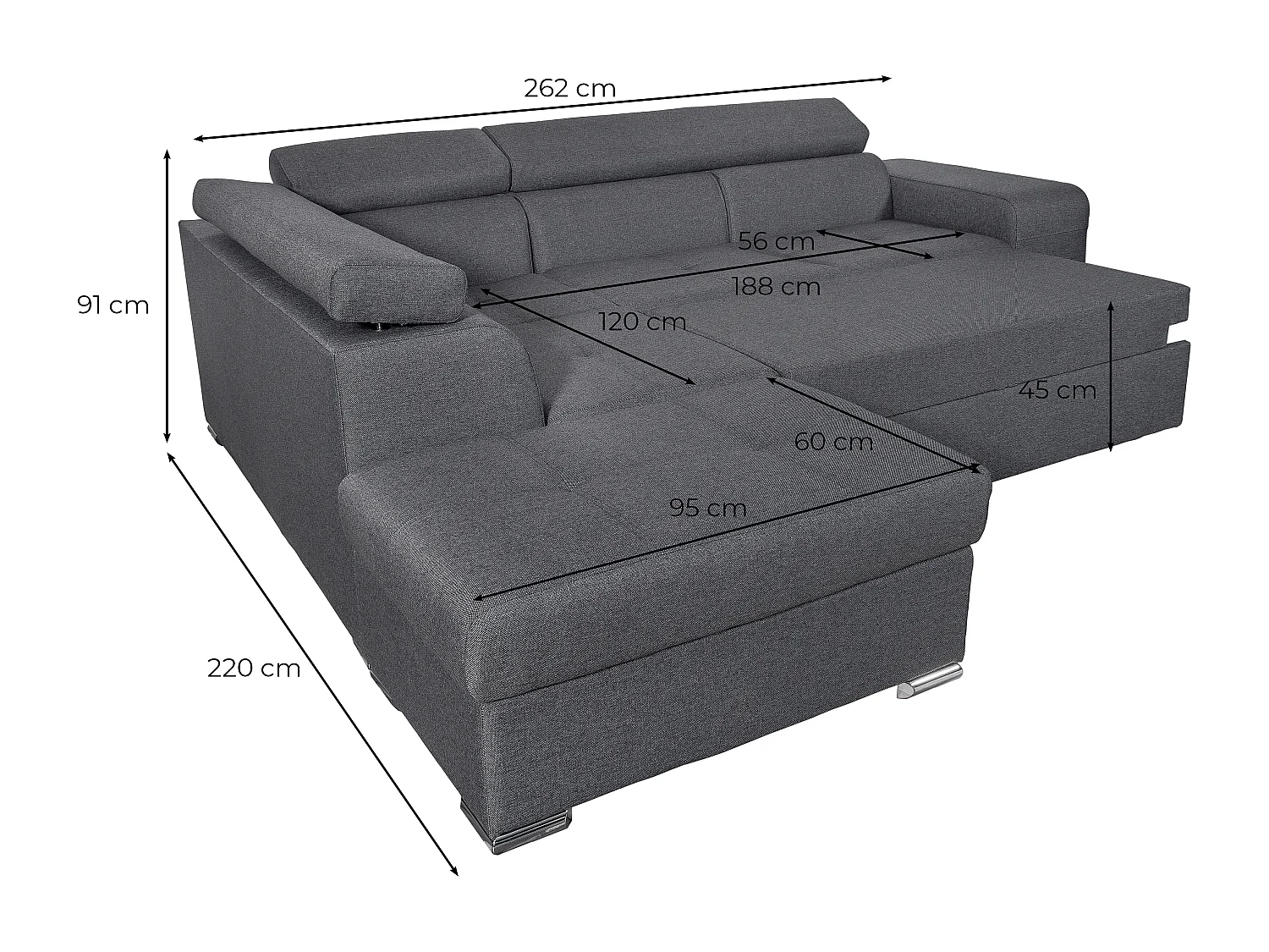 Canapé d'angle gauche 3 places Soan convertible en tissu - Gris anthracite - L262 x P220 x H76cm - Loungitude