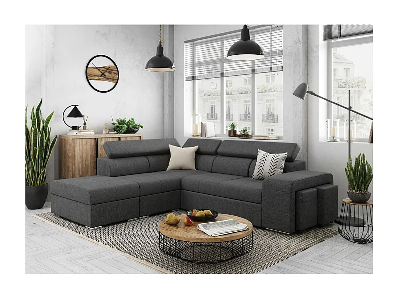 Canapé d'angle gauche 3 places Soan convertible en tissu - Gris anthracite - L262 x P220 x H76cm - Loungitude