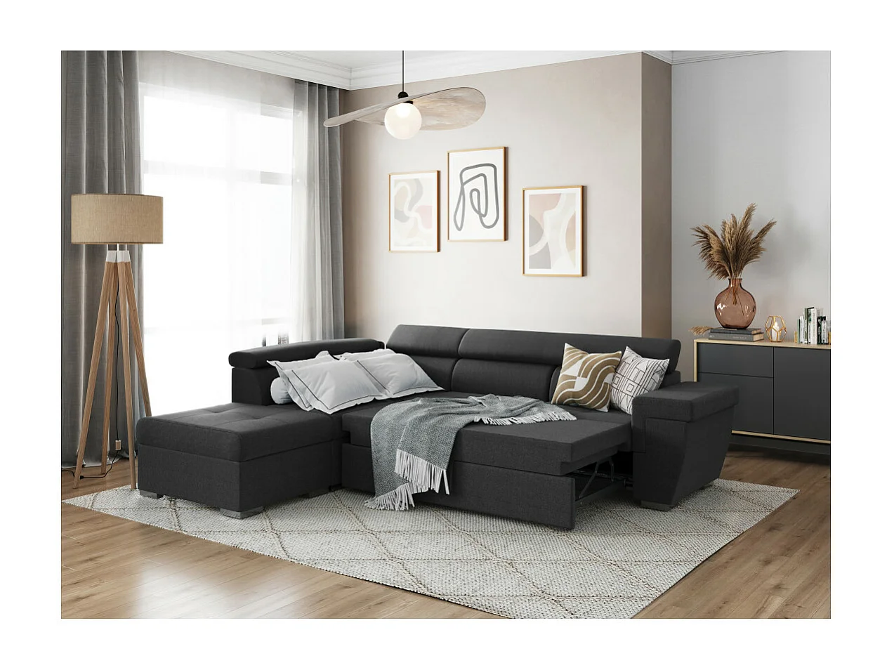 Canapé d'angle INAYA convertible avec coffre en tissu - Angle Gauche, Gris anthracite