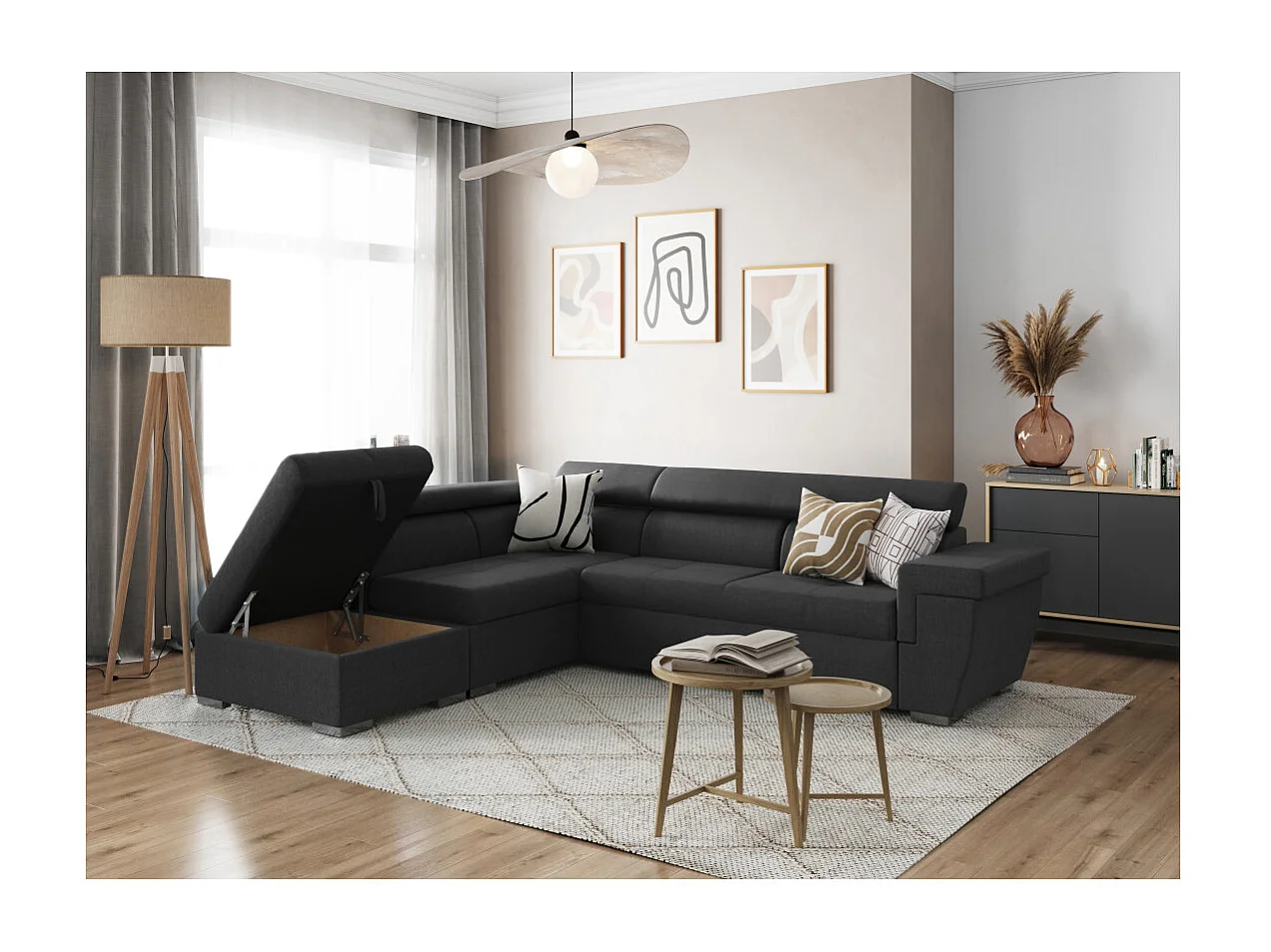 Canapé d'angle INAYA convertible avec coffre en tissu - Angle Gauche, Gris anthracite