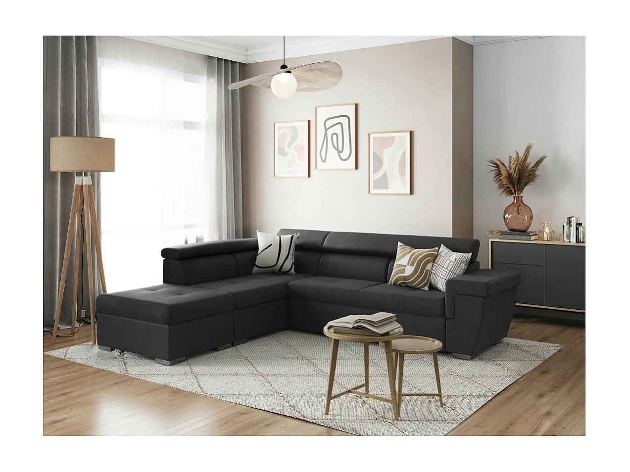 Canapé d'angle INAYA convertible avec coffre en tissu - Angle Gauche, Gris anthracite