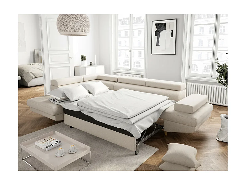 Canapé d'angle gauche convertible Rio Scandinave avec coffre en tissu - Beige, Pieds bois - L271 x P192 x H70cm - Loungitude