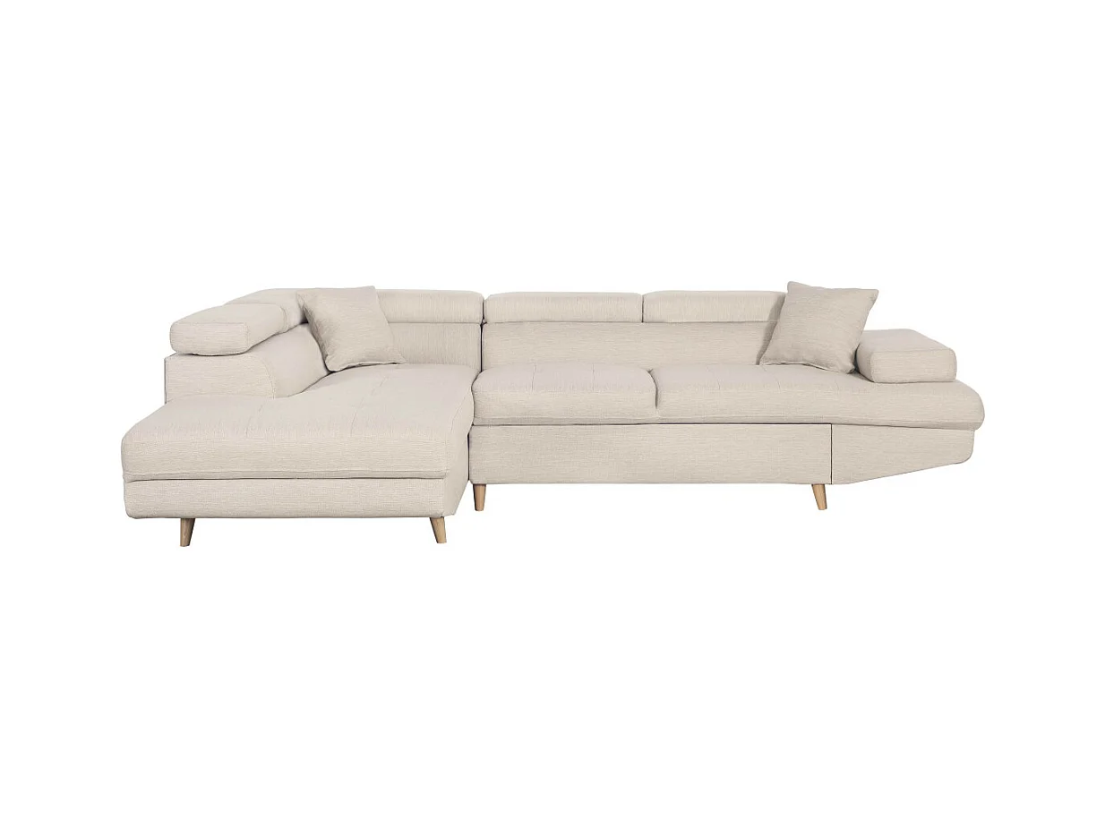 Canapé d'angle gauche convertible Rio Scandinave avec coffre en tissu - Beige, Pieds bois - L271 x P192 x H70cm - Loungitude