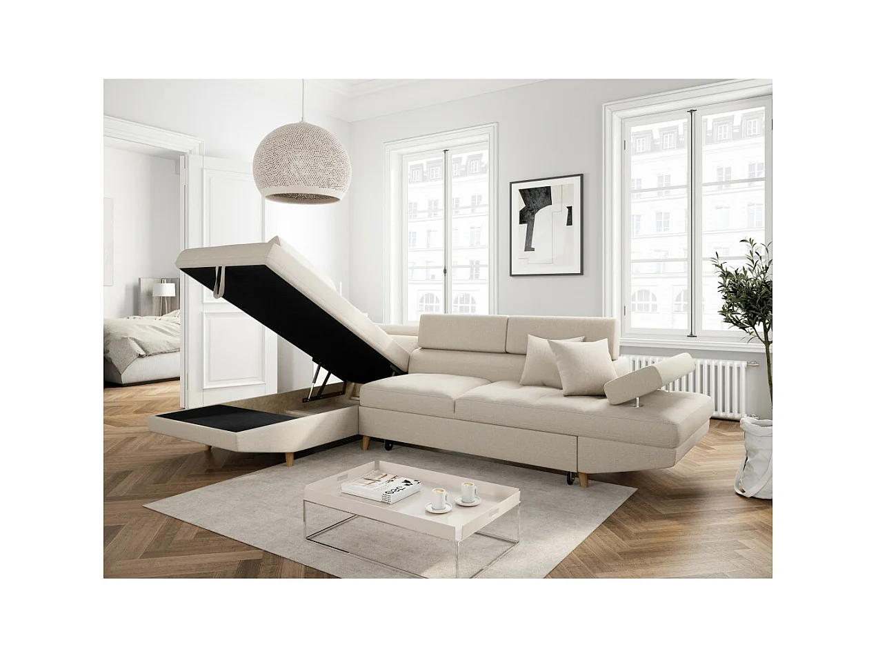Canapé d'angle gauche convertible Rio Scandinave avec coffre en tissu - Beige, Pieds bois - L271 x P192 x H70cm - Loungitude