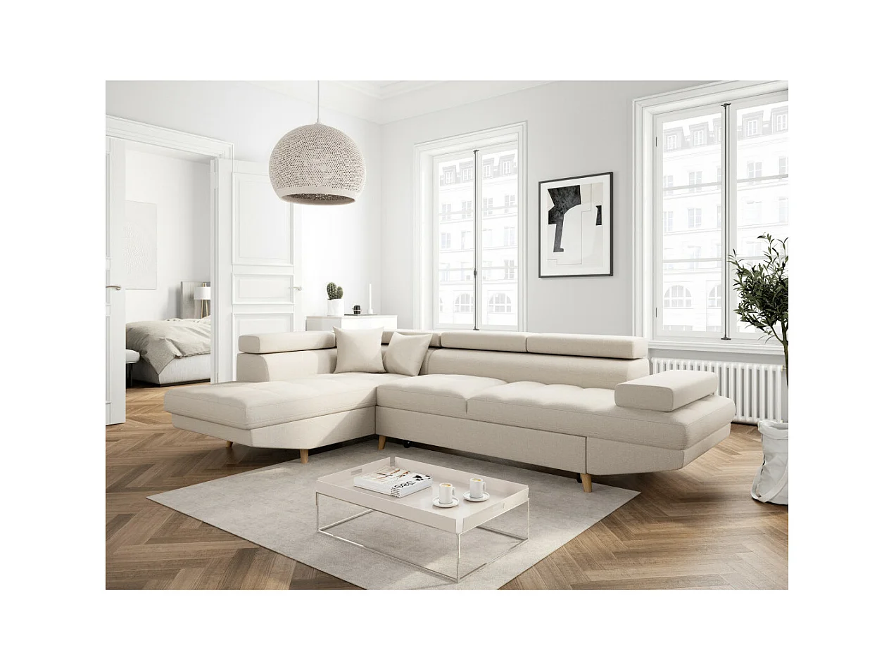 Canapé d'angle gauche convertible Rio Scandinave avec coffre en tissu - Beige, Pieds bois - L271 x P192 x H70cm - Loungitude