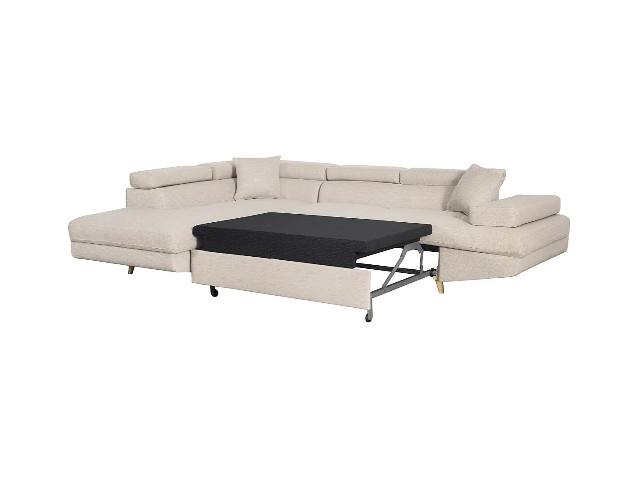 Canapé d'angle gauche convertible Rio Scandinave avec coffre en tissu - Beige, Pieds bois - L271 x P192 x H70cm - Loungitude