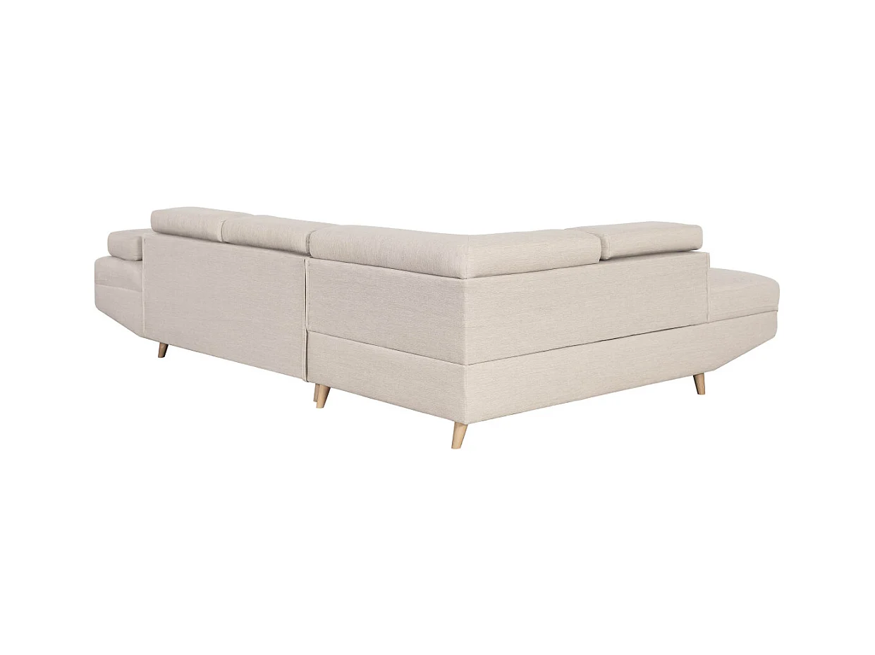 Canapé d'angle gauche convertible Rio Scandinave avec coffre en tissu - Beige, Pieds bois - L271 x P192 x H70cm - Loungitude