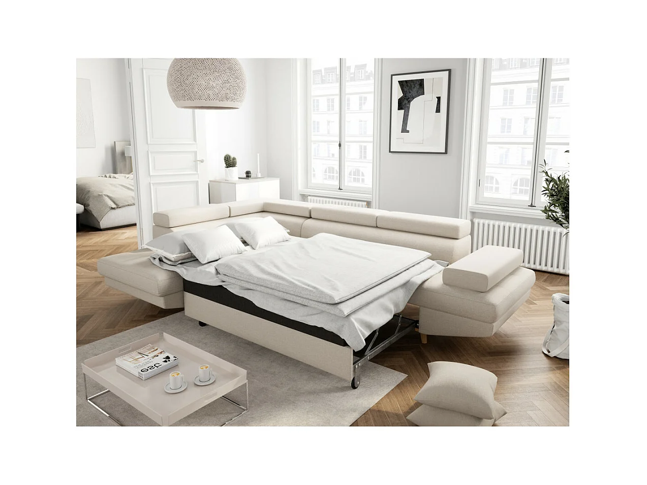 Canapé d'angle gauche convertible Rio Scandinave avec coffre en tissu - Beige, Pieds bois - L271 x P192 x H70cm - Loungitude