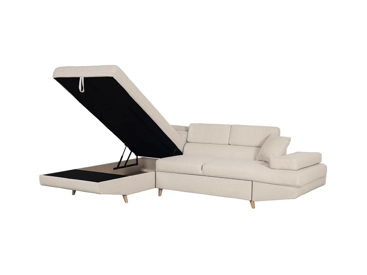 Canapé d'angle gauche convertible Rio Scandinave avec coffre en tissu - Beige, Pieds bois - L271 x P192 x H70cm - Loungitude