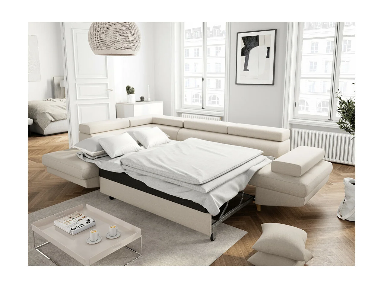 Canapé d'angle gauche convertible Rio Scandinave avec coffre en tissu - Beige, Pieds bois - L271 x P192 x H70cm - Loungitude