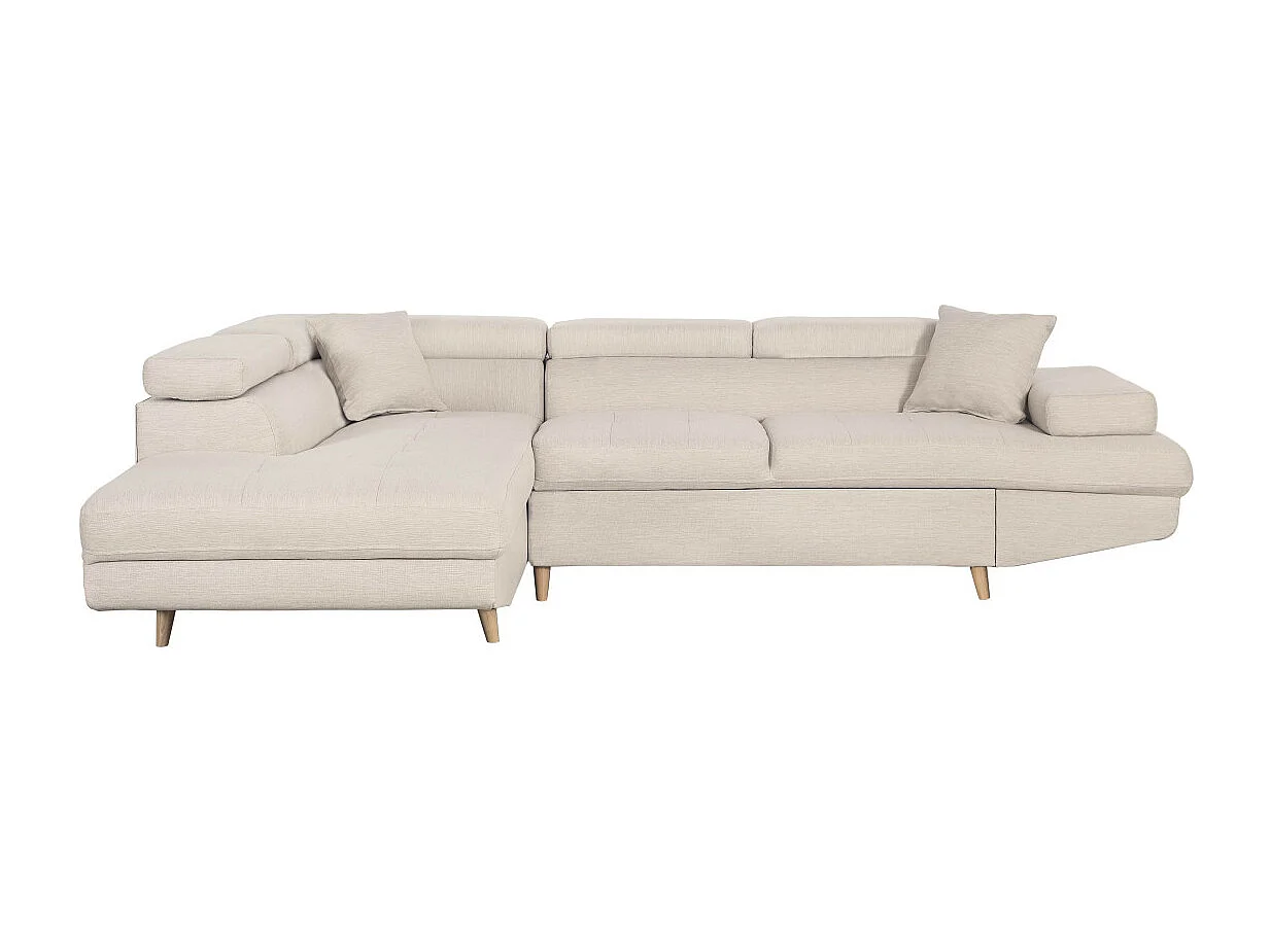 Canapé d'angle gauche convertible Rio Scandinave avec coffre en tissu - Beige, Pieds bois - L271 x P192 x H70cm - Loungitude