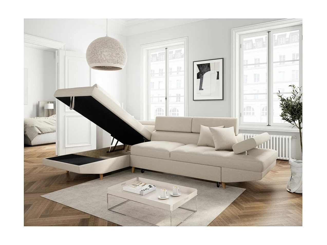 Canapé d'angle gauche convertible Rio Scandinave avec coffre en tissu - Beige, Pieds bois - L271 x P192 x H70cm - Loungitude