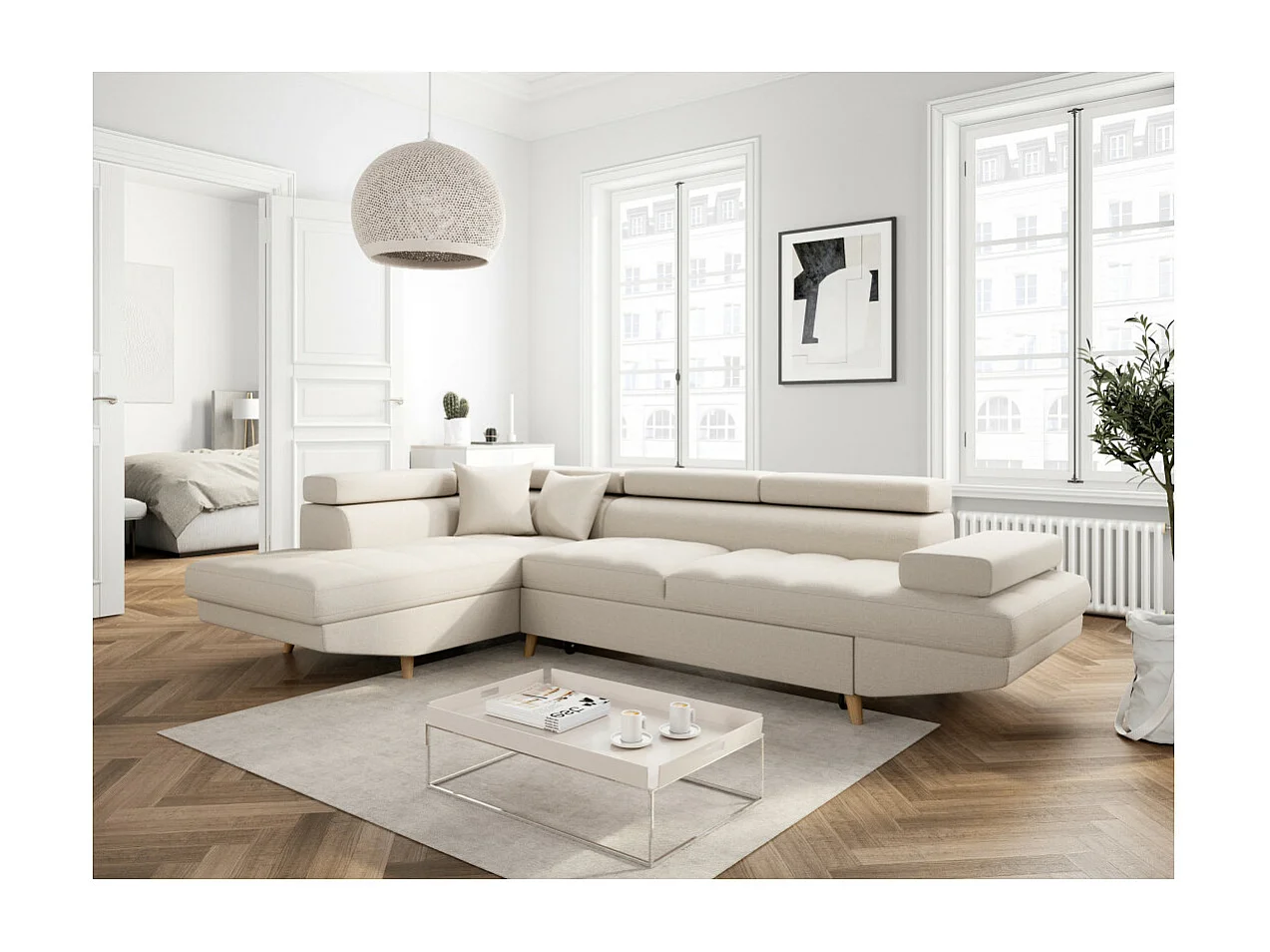 Canapé d'angle gauche convertible Rio Scandinave avec coffre en tissu - Beige, Pieds bois - L271 x P192 x H70cm - Loungitude