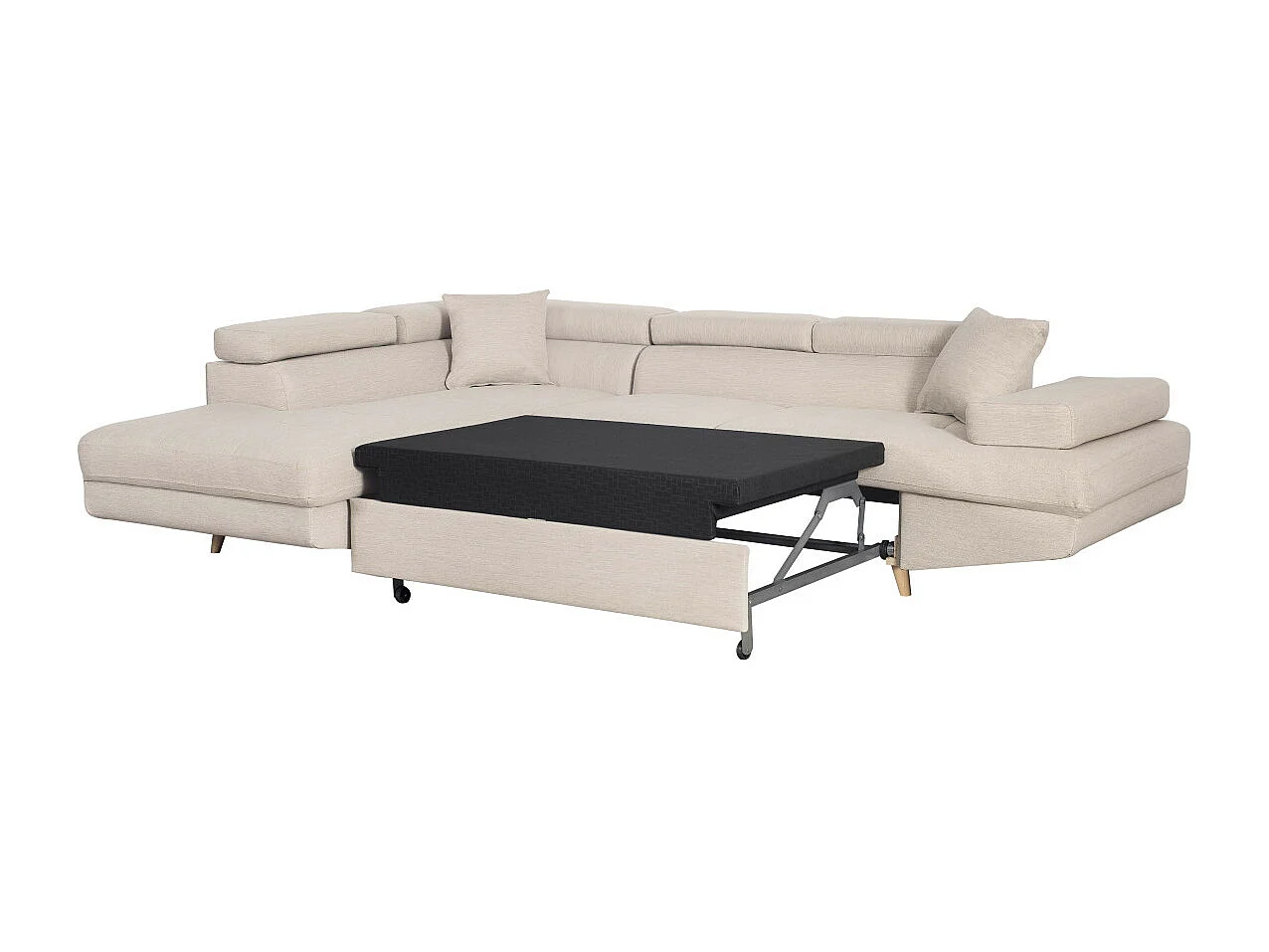 Canapé d'angle gauche convertible Rio Scandinave avec coffre en tissu - Beige, Pieds bois - L271 x P192 x H70cm - Loungitude