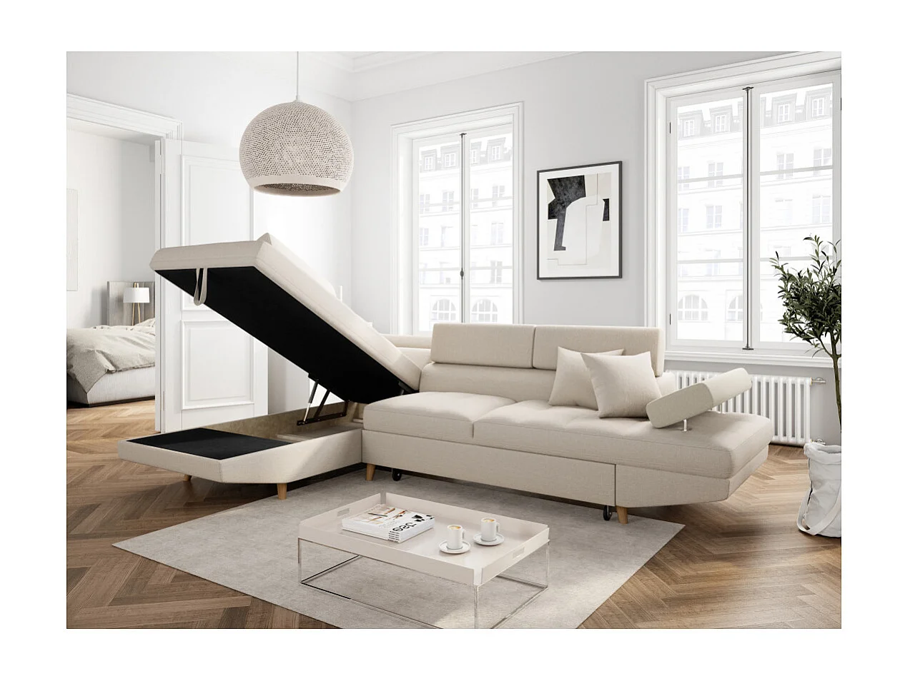 Canapé d'angle gauche convertible Rio Scandinave avec coffre en tissu - Beige, Pieds bois - L271 x P192 x H70cm - Loungitude