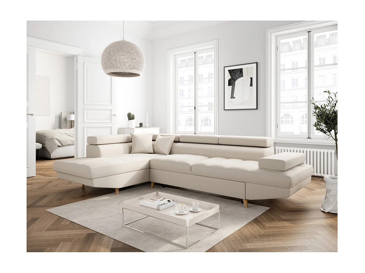 Canapé d'angle gauche convertible Rio Scandinave avec coffre en tissu - Beige, Pieds bois - L271 x P192 x H70cm - Loungitude