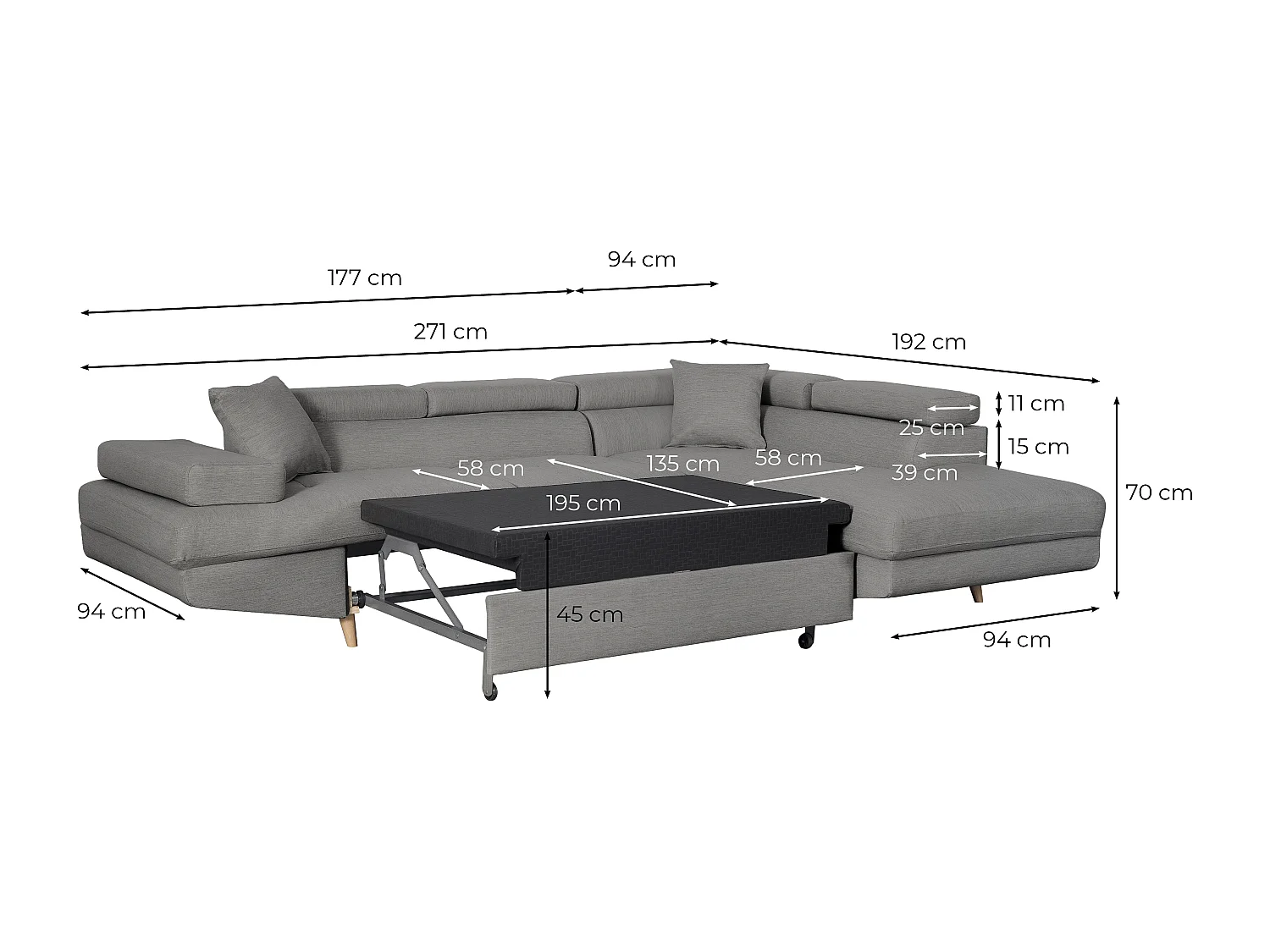 Canapé d'angle gauche convertible Rio Scandinave avec coffre en tissu - Beige, Pieds bois - L271 x P192 x H70cm - Loungitude