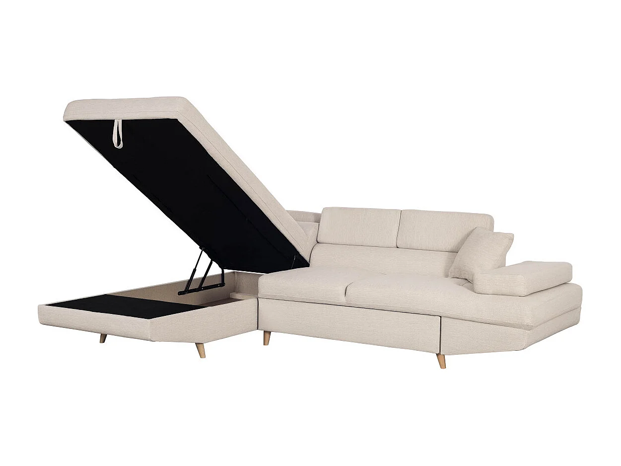 Canapé d'angle gauche convertible Rio Scandinave avec coffre en tissu - Beige, Pieds bois - L271 x P192 x H70cm - Loungitude