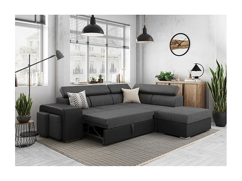 Canapé d'angle droit 3 places Soan convertible en simili et tissu - Gris / Noir - L262 x P220 x H76cm - Loungitude