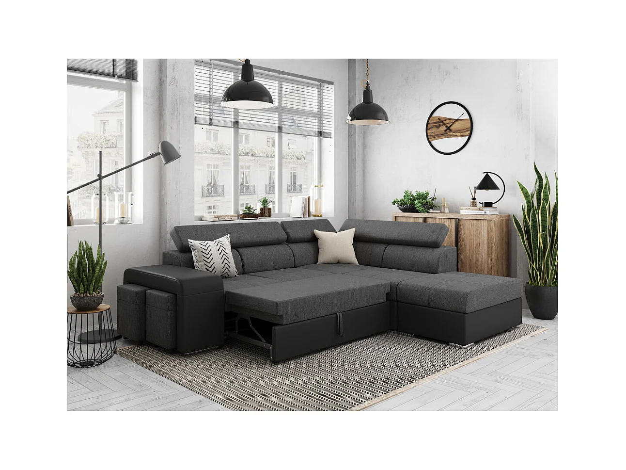 Canapé d'angle droit 3 places Soan convertible en simili et tissu - Gris / Noir - L262 x P220 x H76cm - Loungitude