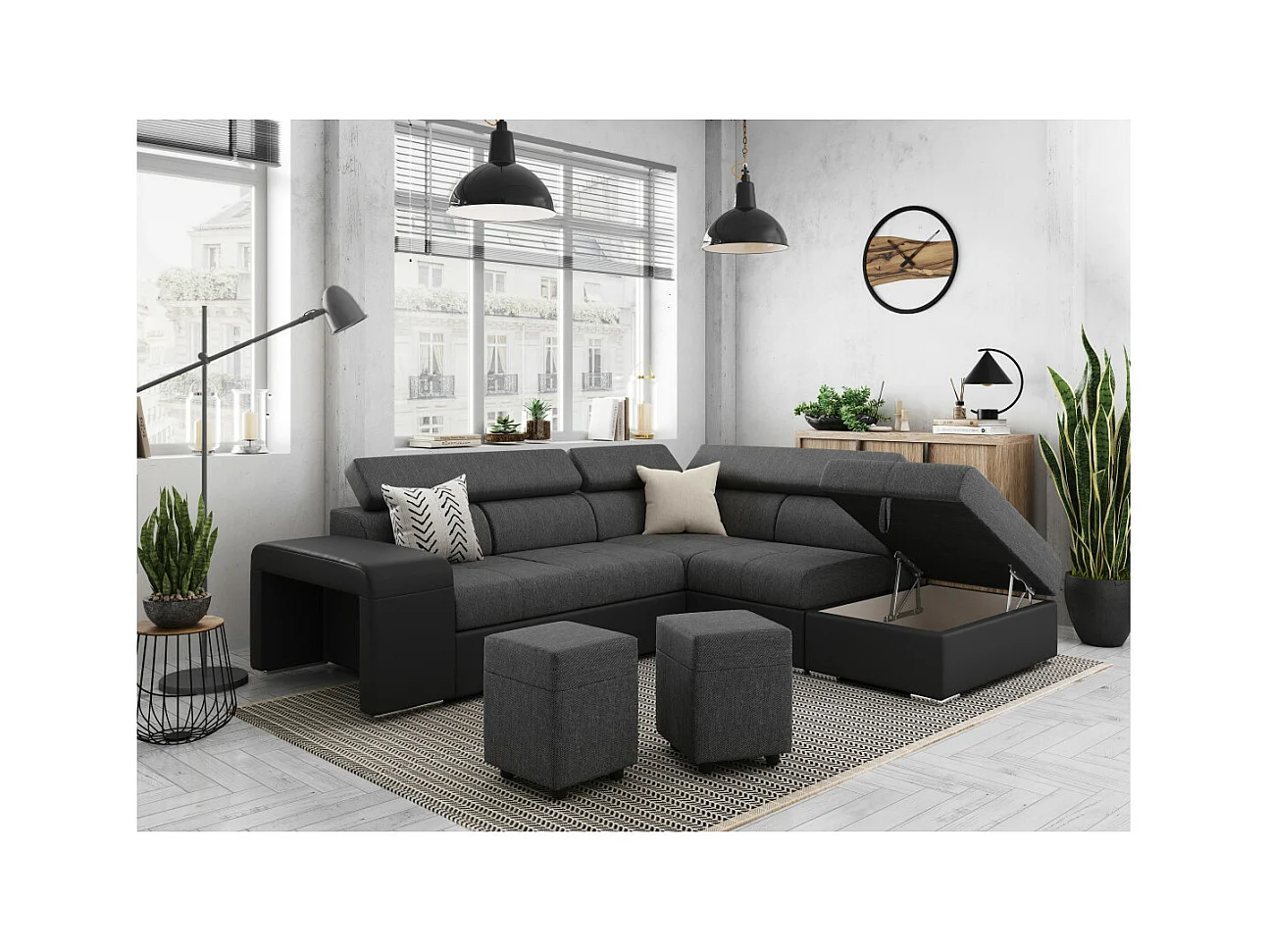 Canapé d'angle droit 3 places Soan convertible en simili et tissu - Gris / Noir - L262 x P220 x H76cm - Loungitude