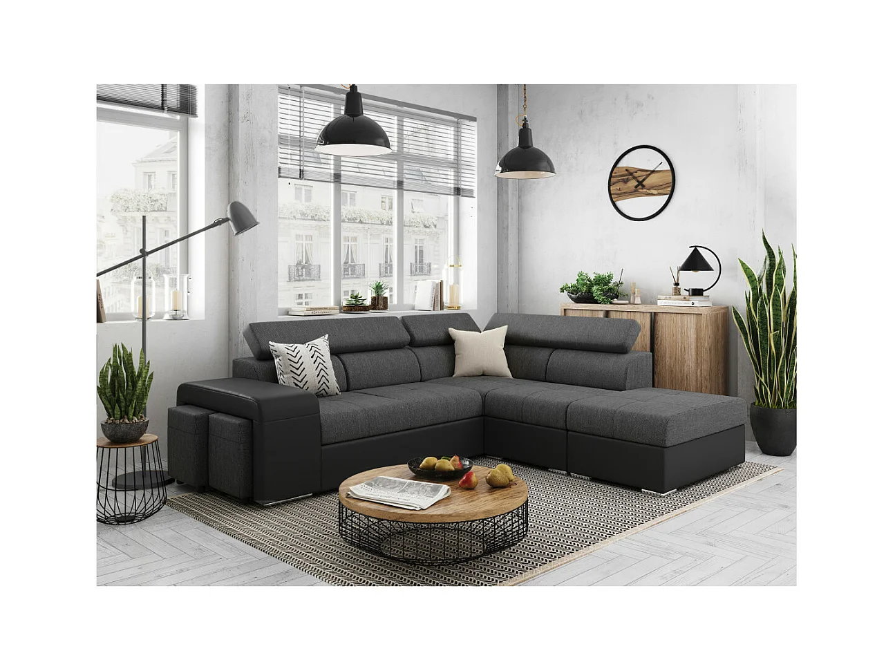 Canapé d'angle droit 3 places Soan convertible en simili et tissu - Gris / Noir - L262 x P220 x H76cm - Loungitude