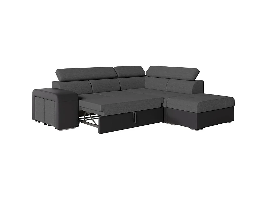 Canapé d'angle droit 3 places Soan convertible en simili et tissu - Gris / Noir - L262 x P220 x H76cm - Loungitude
