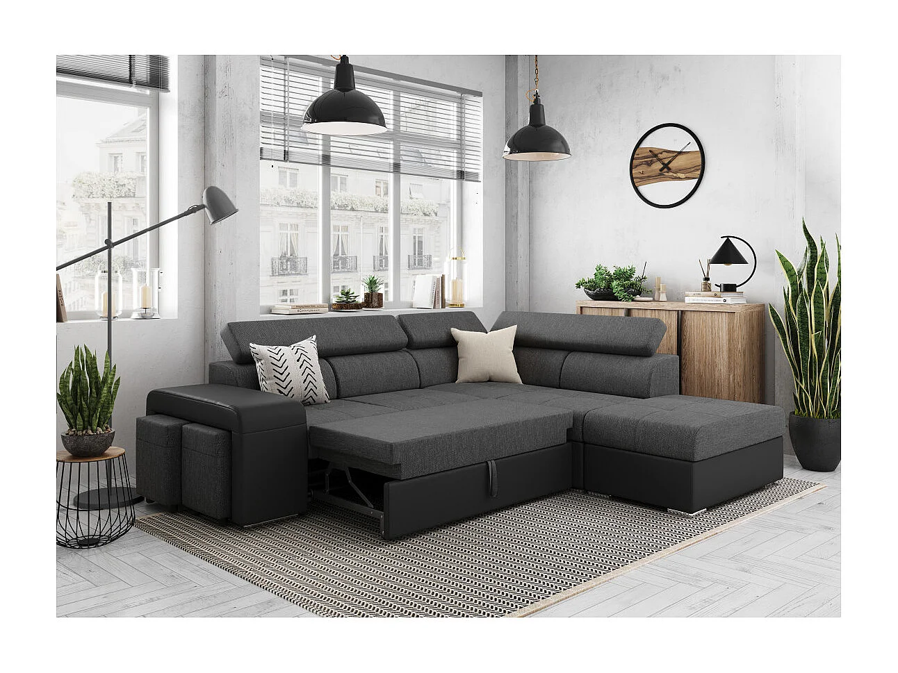 Canapé d'angle droit 3 places Soan convertible en simili et tissu - Gris / Noir - L262 x P220 x H76cm - Loungitude