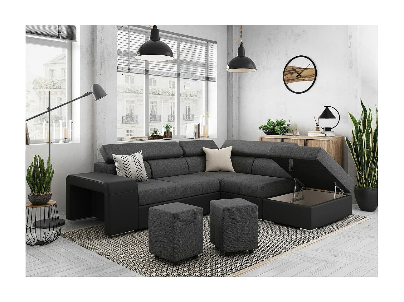 Canapé d'angle droit 3 places Soan convertible en simili et tissu - Gris / Noir - L262 x P220 x H76cm - Loungitude