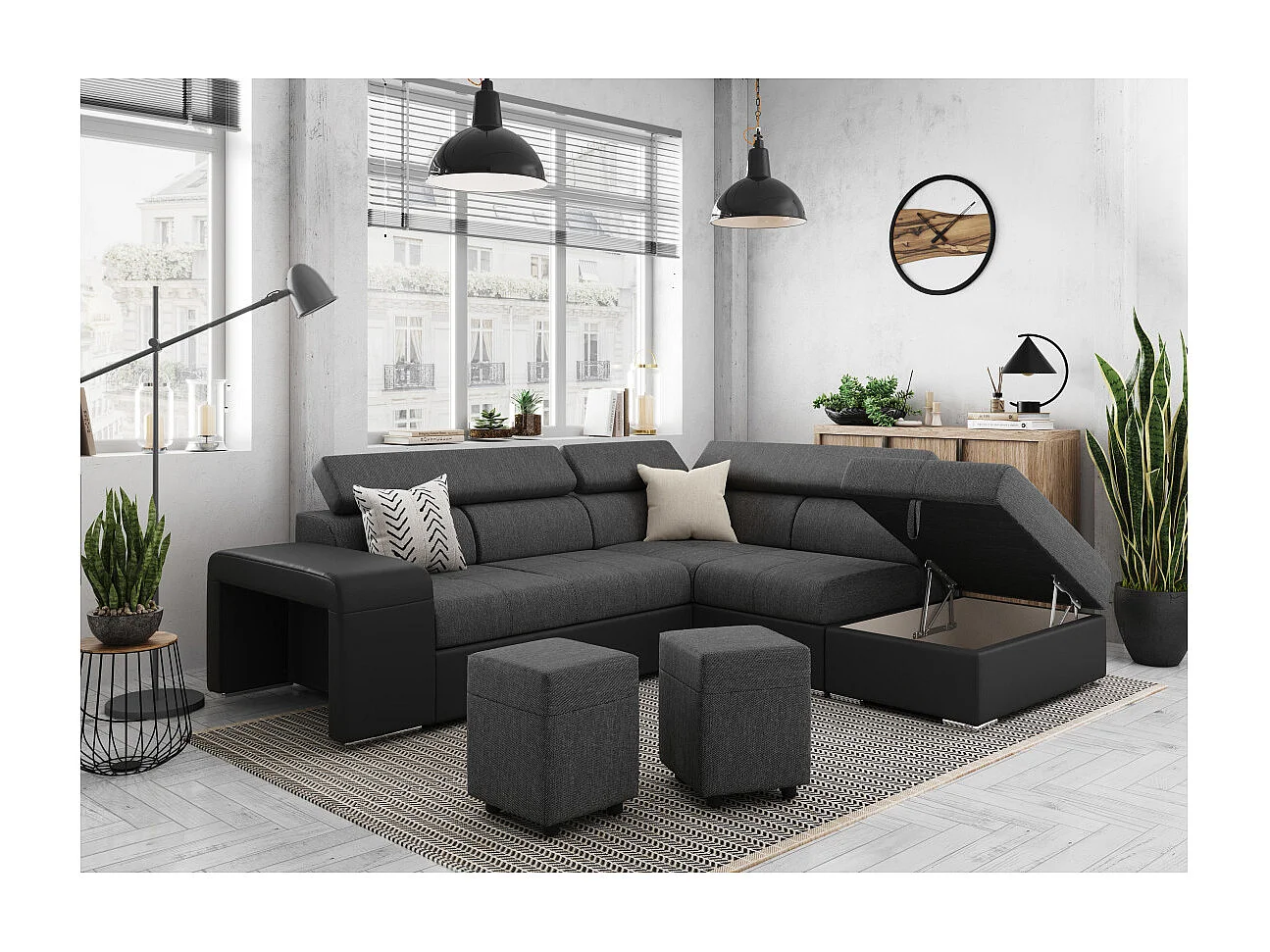 Canapé d'angle droit 3 places Soan convertible en simili et tissu - Gris / Noir - L262 x P220 x H76cm - Loungitude
