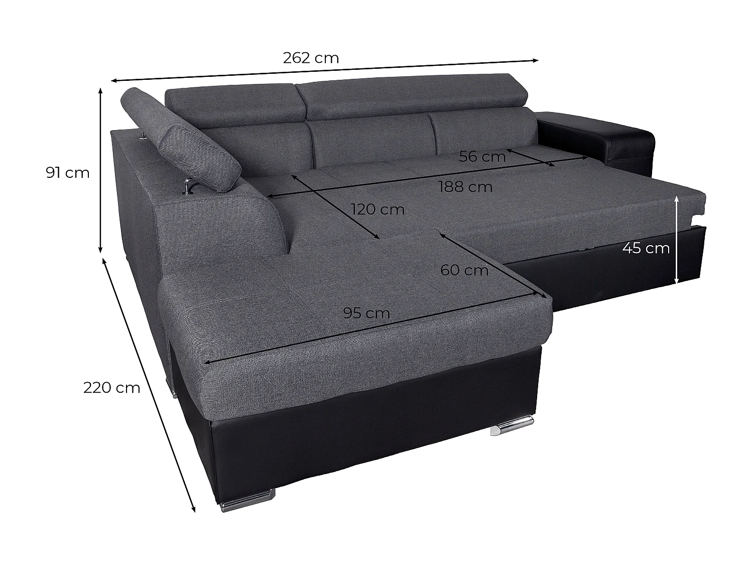 Canapé d'angle droit 3 places Soan convertible en simili et tissu - Gris / Noir - L262 x P220 x H76cm - Loungitude