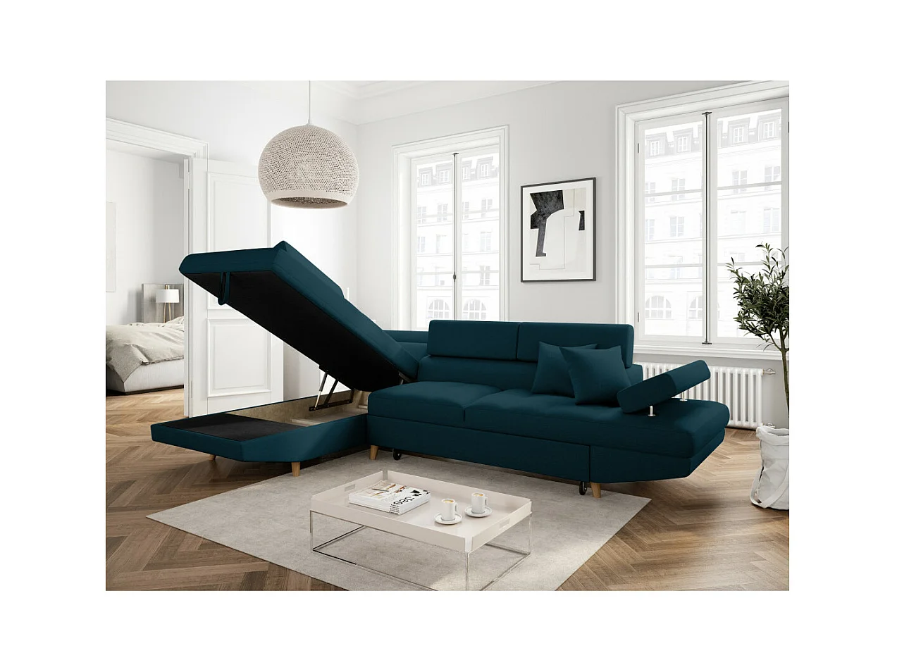Canapé d'angle gauche convertible Rio Scandinave avec coffre en tissu - Bleu, Pieds bois - L271 x P192 x H70cm - Loungitude