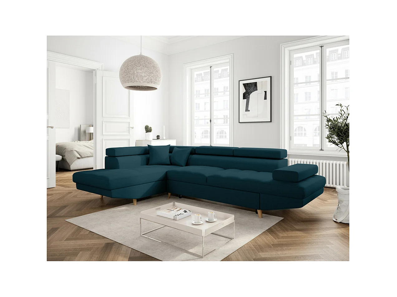 Canapé d'angle gauche convertible Rio Scandinave avec coffre en tissu - Bleu, Pieds bois - L271 x P192 x H70cm - Loungitude