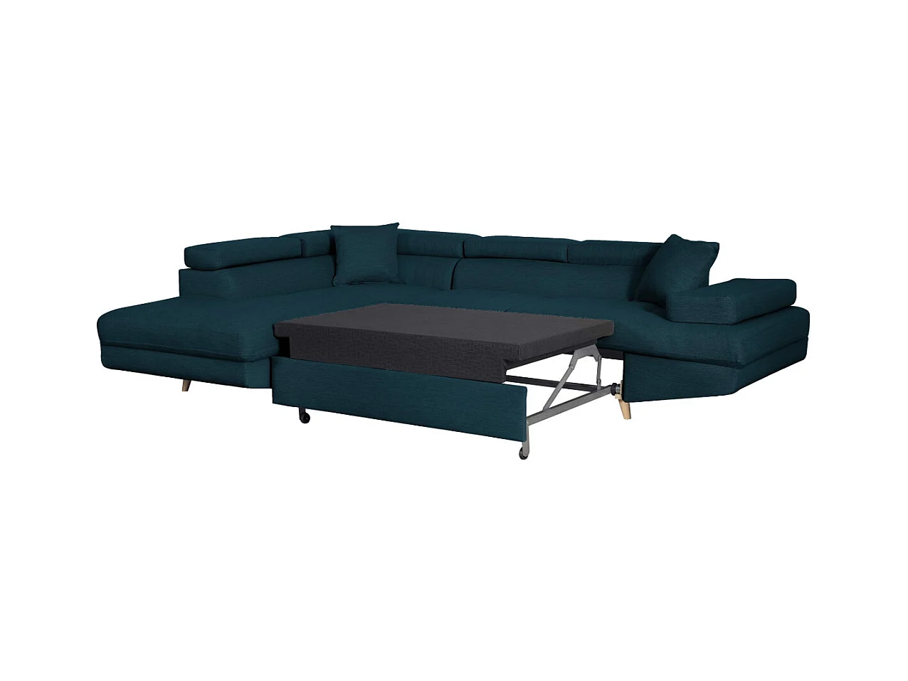 Canapé d'angle gauche convertible Rio Scandinave avec coffre en tissu - Bleu, Pieds bois - L271 x P192 x H70cm - Loungitude