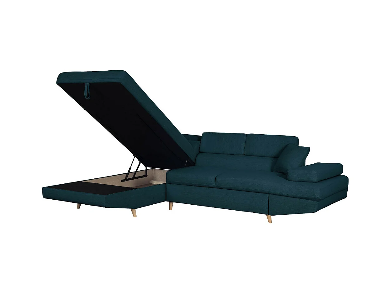 Canapé d'angle gauche convertible Rio Scandinave avec coffre en tissu - Bleu, Pieds bois - L271 x P192 x H70cm - Loungitude