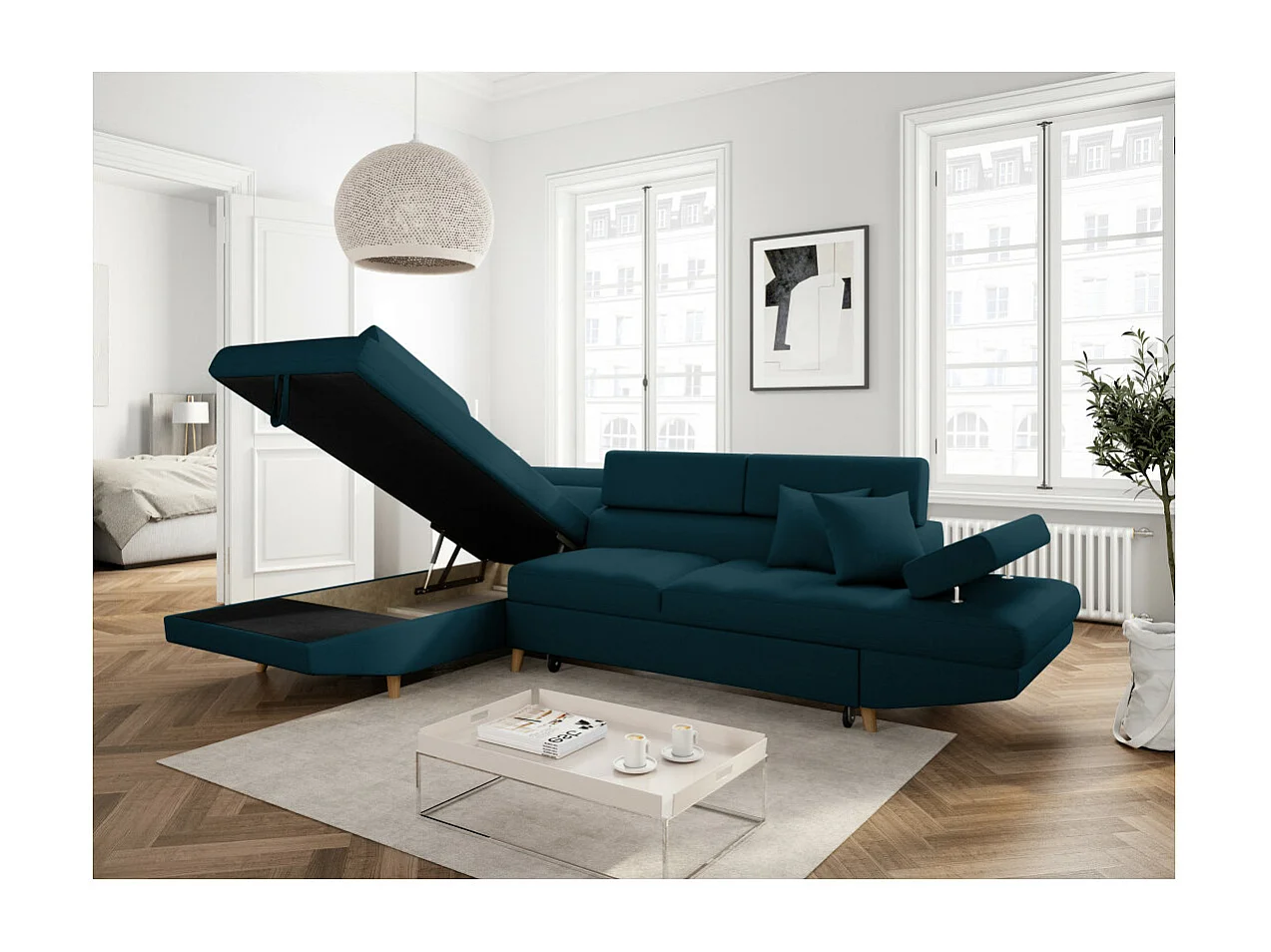 Canapé d'angle gauche convertible Rio Scandinave avec coffre en tissu - Bleu, Pieds bois - L271 x P192 x H70cm - Loungitude