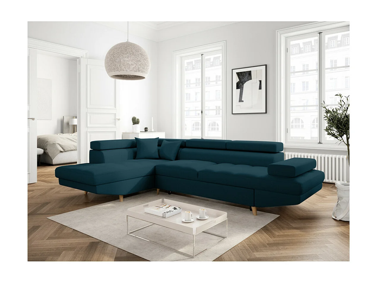 Canapé d'angle gauche convertible Rio Scandinave avec coffre en tissu - Bleu, Pieds bois - L271 x P192 x H70cm - Loungitude