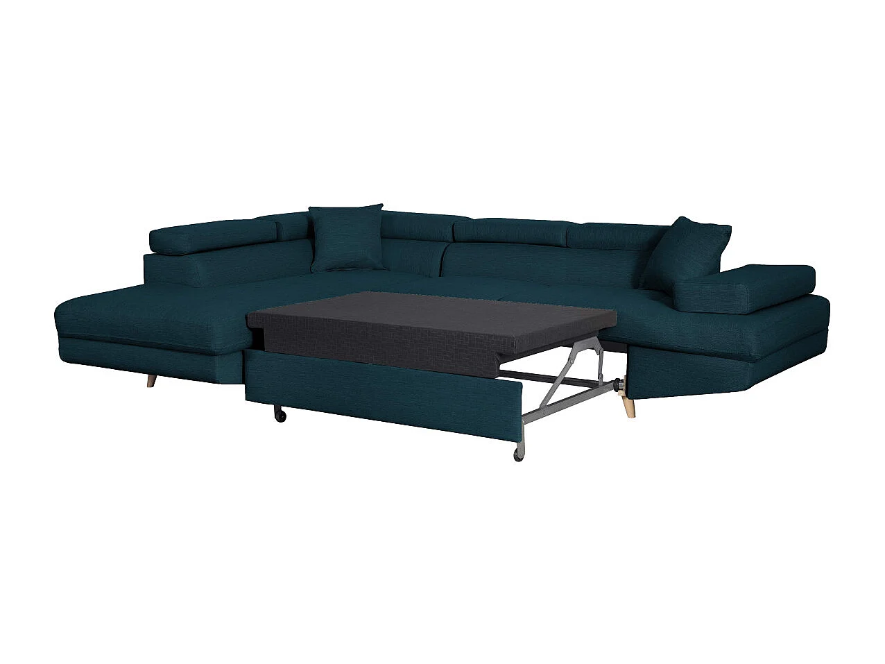 Canapé d'angle gauche convertible Rio Scandinave avec coffre en tissu - Bleu, Pieds bois - L271 x P192 x H70cm - Loungitude