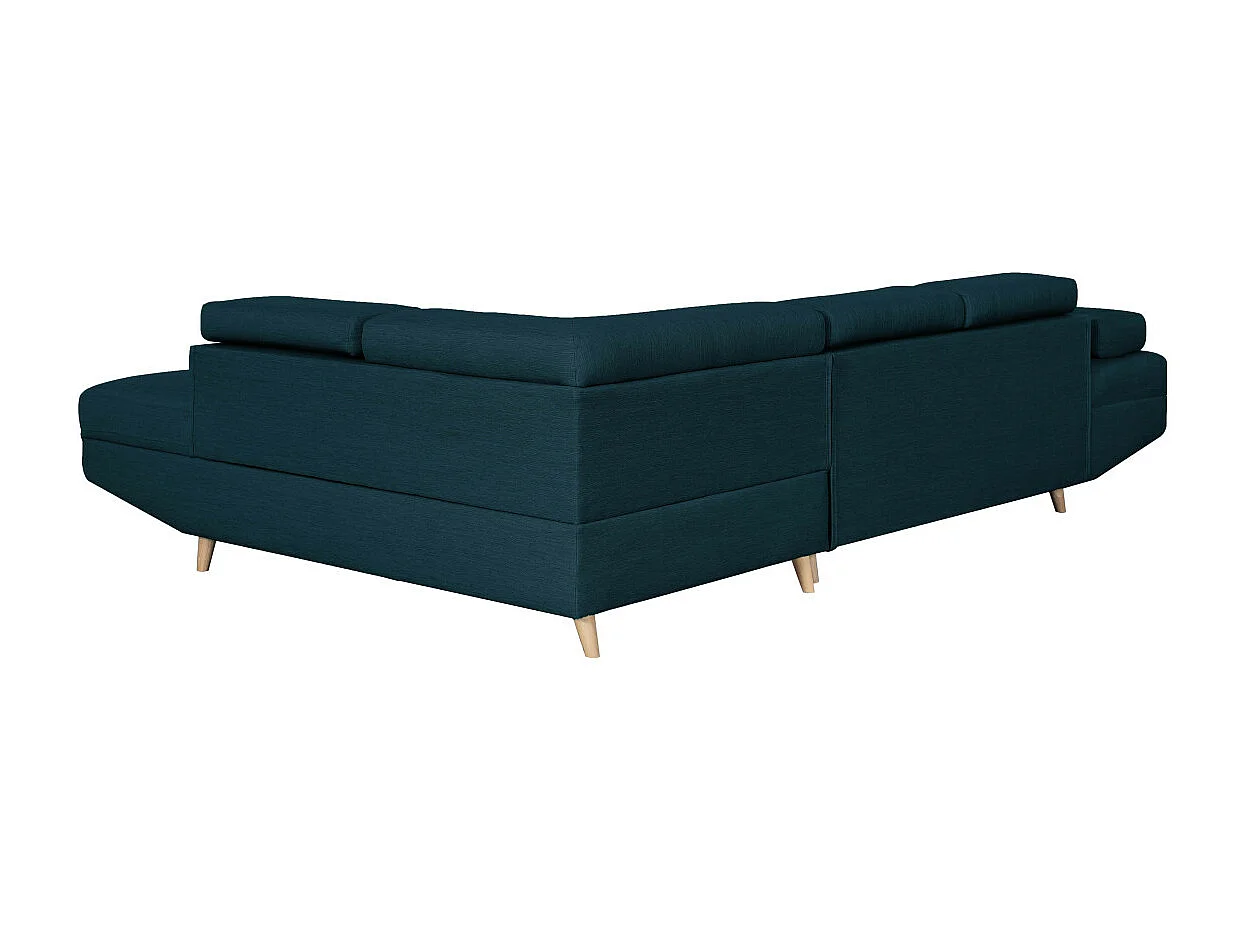 Canapé d'angle gauche convertible Rio Scandinave avec coffre en tissu - Bleu, Pieds bois - L271 x P192 x H70cm - Loungitude