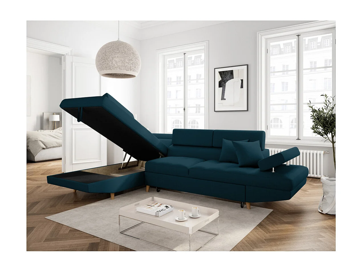 Canapé d'angle gauche convertible Rio Scandinave avec coffre en tissu - Bleu, Pieds bois - L271 x P192 x H70cm - Loungitude