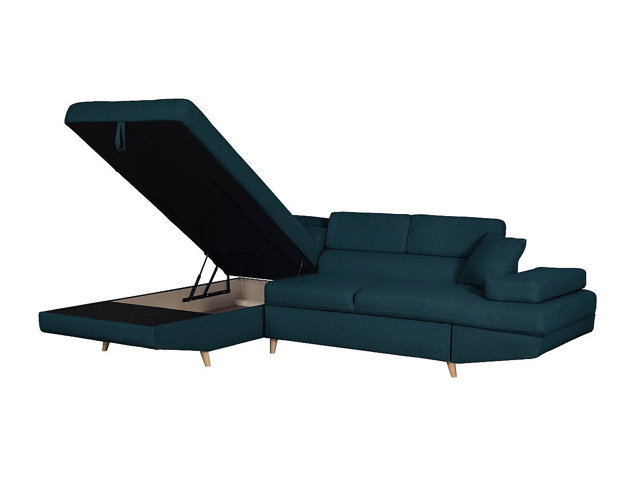 Canapé d'angle gauche convertible Rio Scandinave avec coffre en tissu - Bleu, Pieds bois - L271 x P192 x H70cm - Loungitude