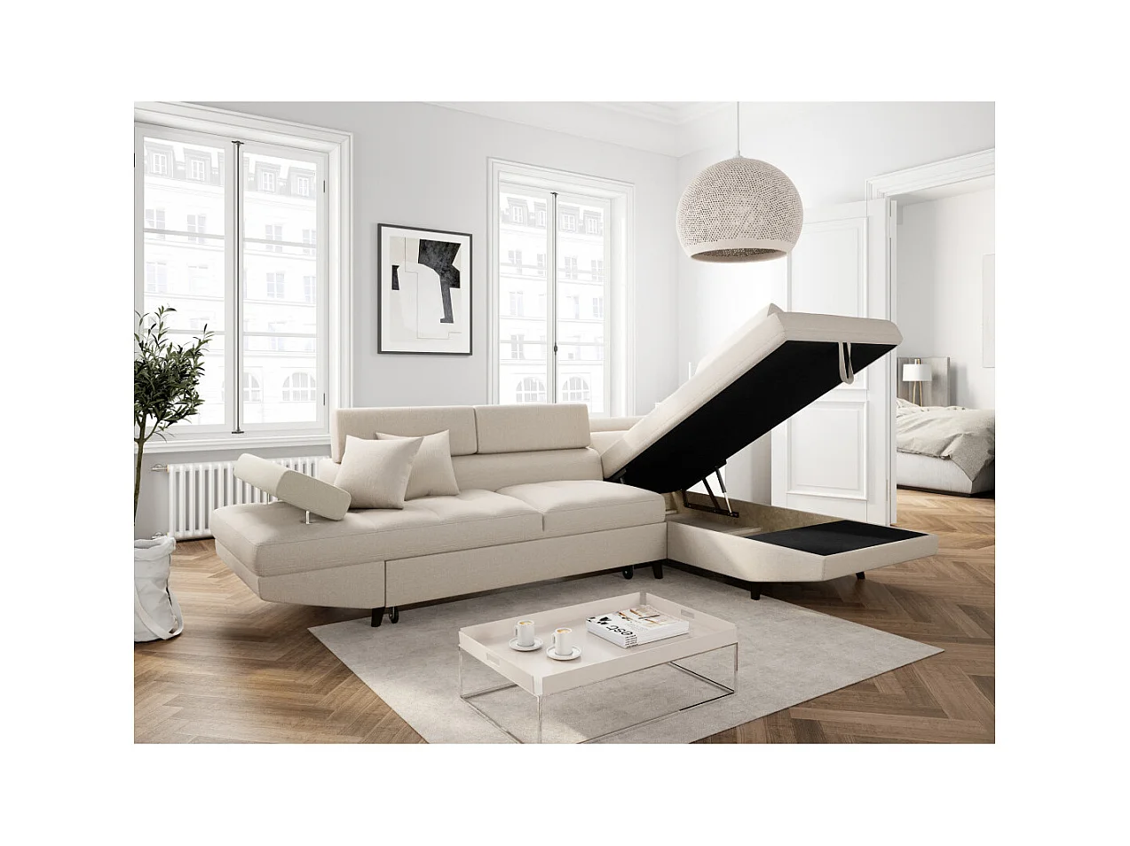 Canapé d'angle droit convertible Rio Scandinave avec coffre en tissu - Beige, Pieds noir - L271 x P192 x H70cm - Loungitude