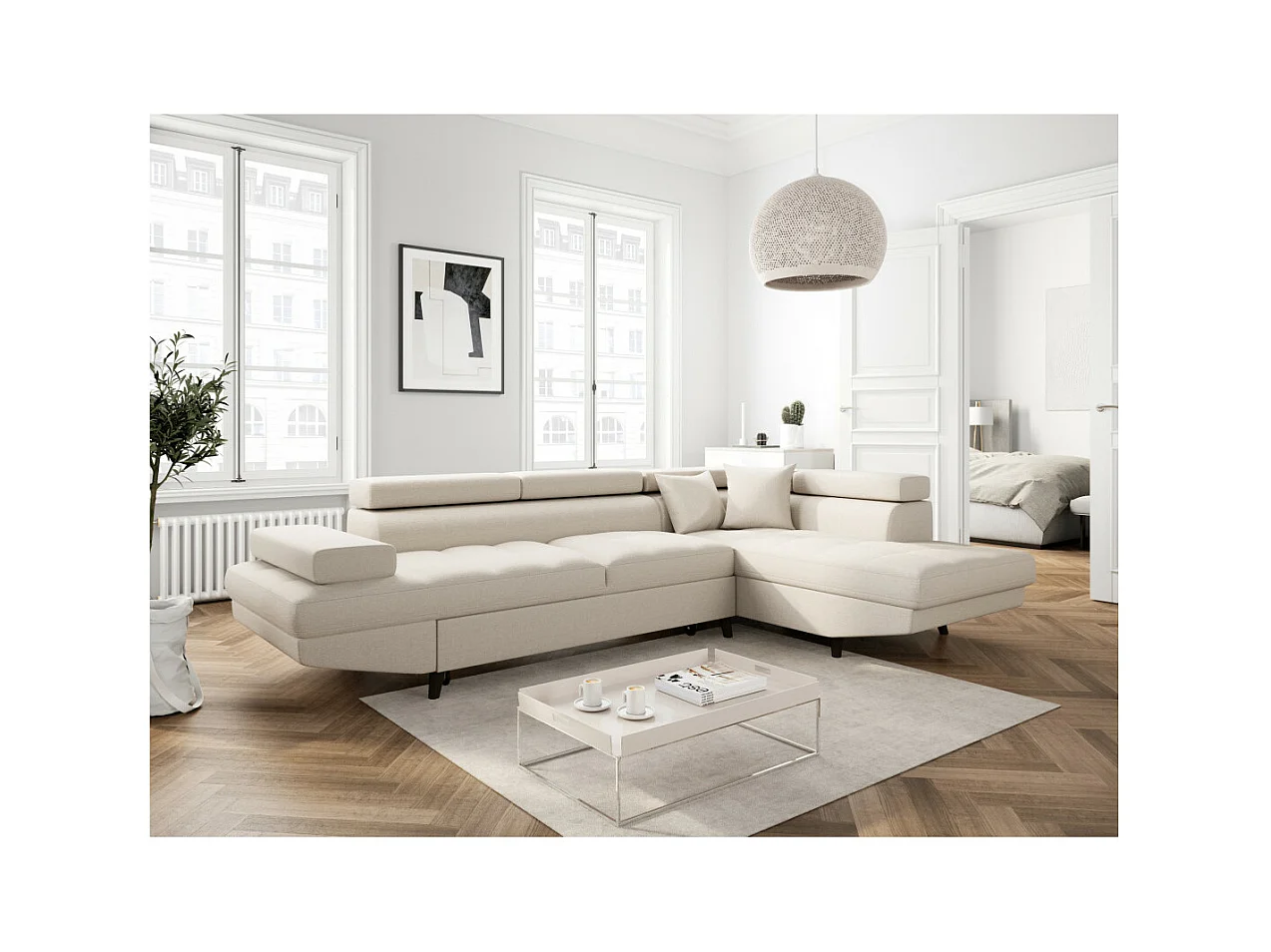 Canapé d'angle droit convertible Rio Scandinave avec coffre en tissu - Beige, Pieds noir - L271 x P192 x H70cm - Loungitude