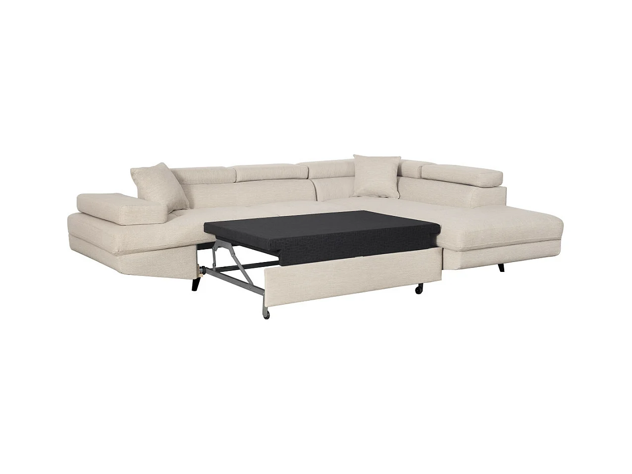 Canapé d'angle droit convertible Rio Scandinave avec coffre en tissu - Beige, Pieds noir - L271 x P192 x H70cm - Loungitude