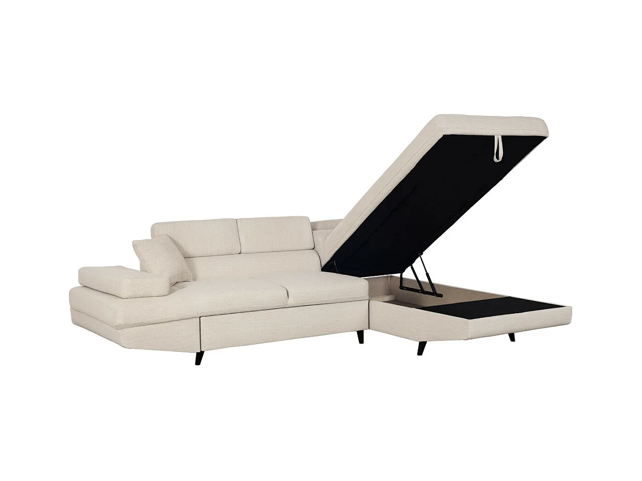 Canapé d'angle droit convertible Rio Scandinave avec coffre en tissu - Beige, Pieds noir - L271 x P192 x H70cm - Loungitude