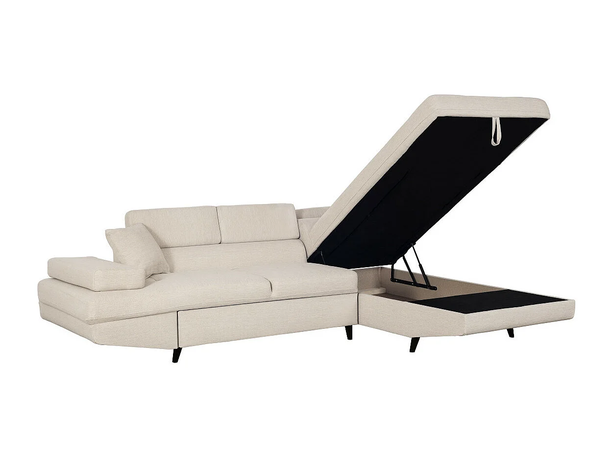 Canapé d'angle droit convertible Rio Scandinave avec coffre en tissu - Beige, Pieds noir - L271 x P192 x H70cm - Loungitude