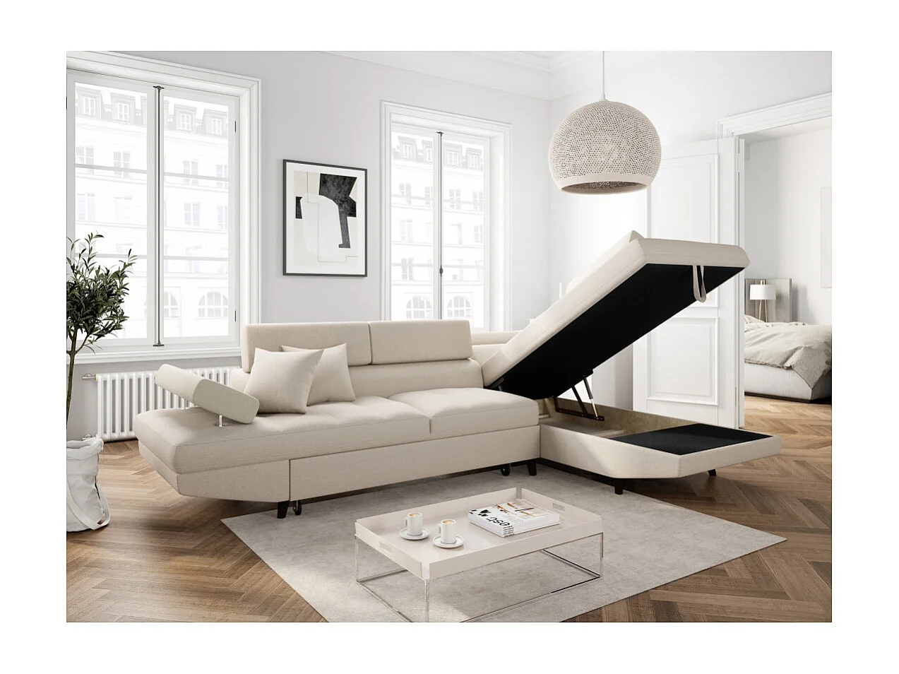 Canapé d'angle droit convertible Rio Scandinave avec coffre en tissu - Beige, Pieds noir - L271 x P192 x H70cm - Loungitude